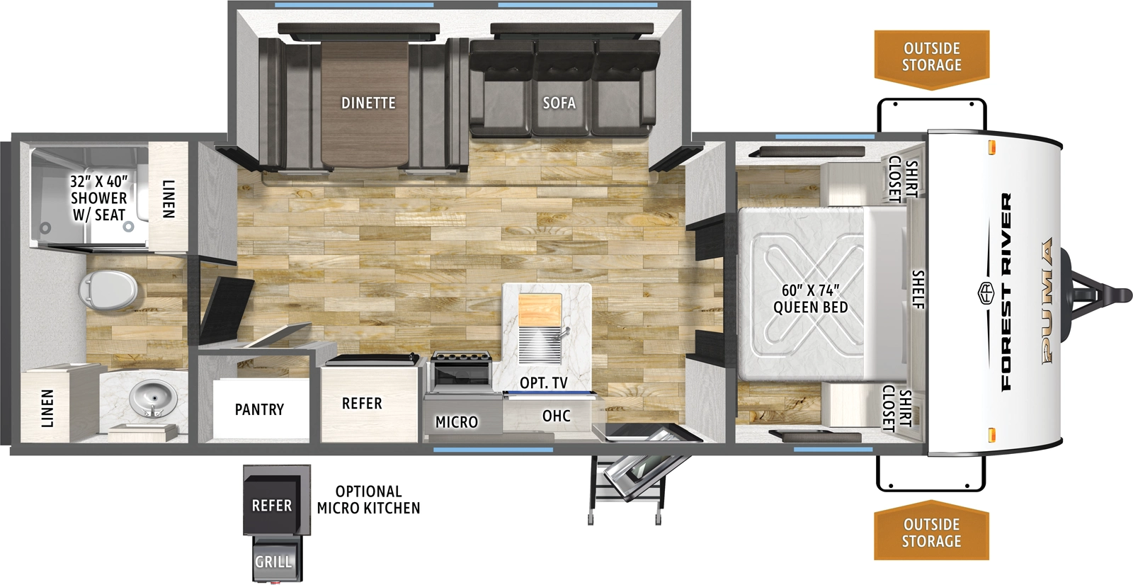 The Puma Camping Edition 250RBCE floorplan has one entry and one slide out. Exterior features include: metal exterior, 15' awning and outside kitchen. Interiors features include: front bedroom and rear bathroom.